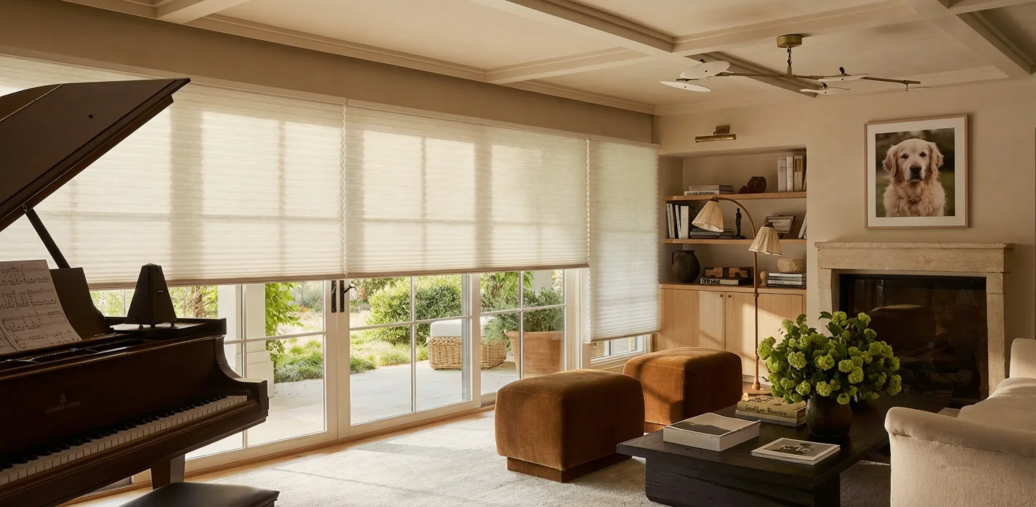 Cozy living room with piano showcasing elegant window treatments