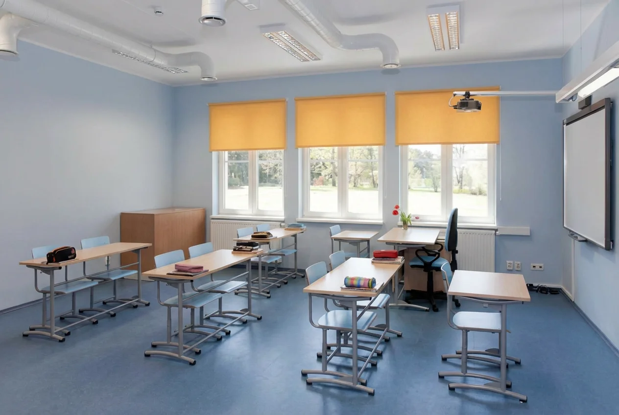 School classroom with light-filtering venetian blinds