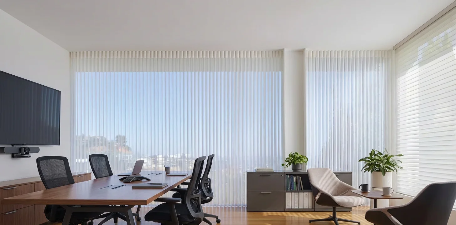 Modern corporate office with motorized roller blinds
