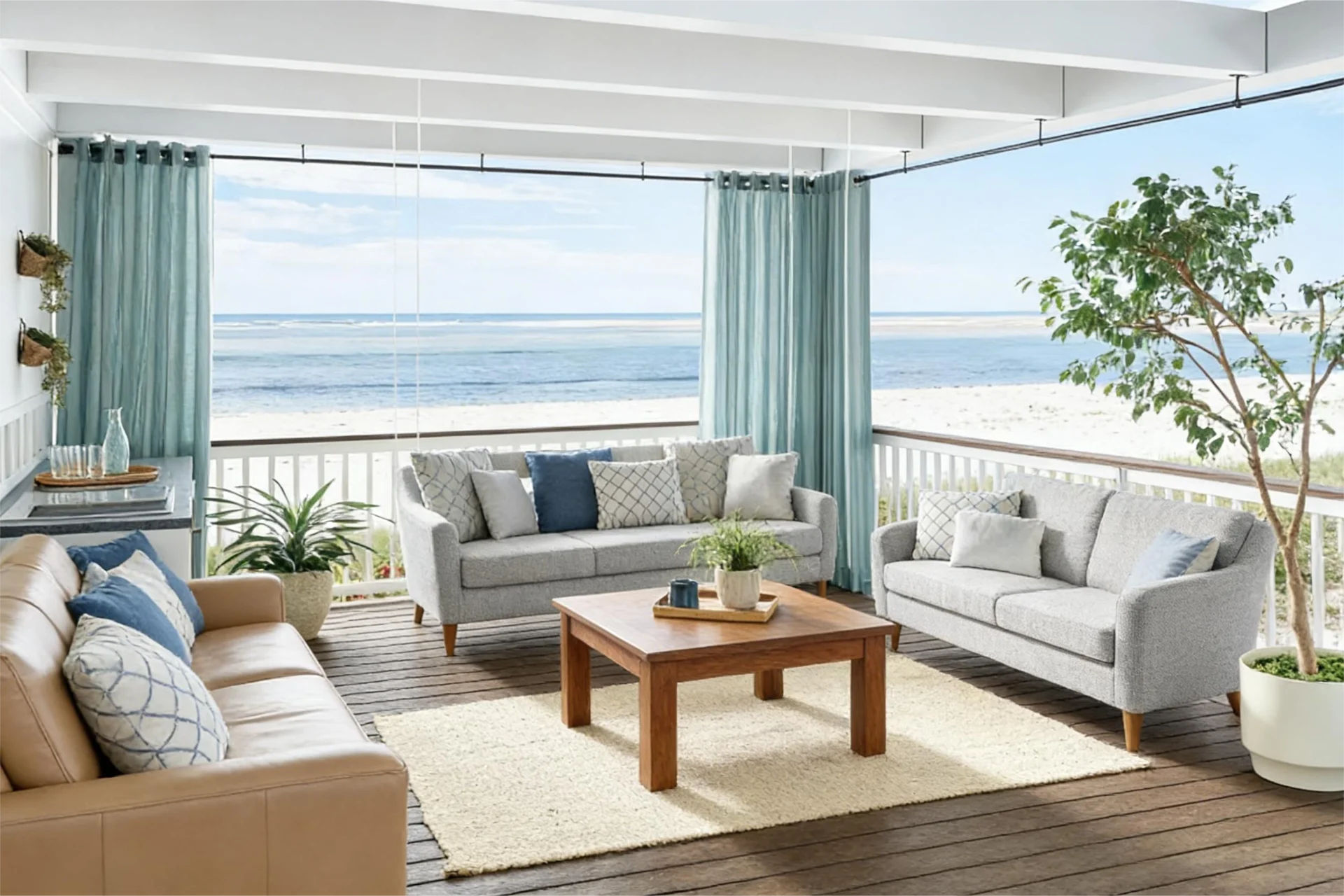 Patio lounge featuring a beige sofa and gray couches, wooden coffee table, and potted plants overlooking a beachfront and ocean view.