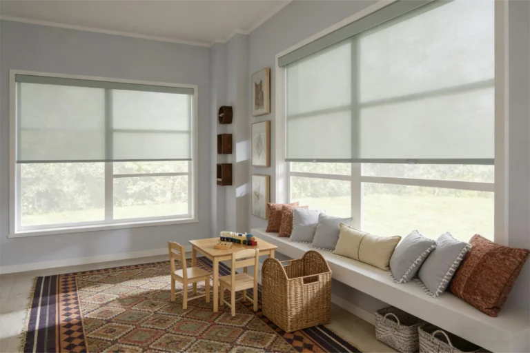 A bright playroom with large windows covered in light-colored shades. Includes a small wooden table and chairs, cushioned seating, a basket, and a patterned rug.