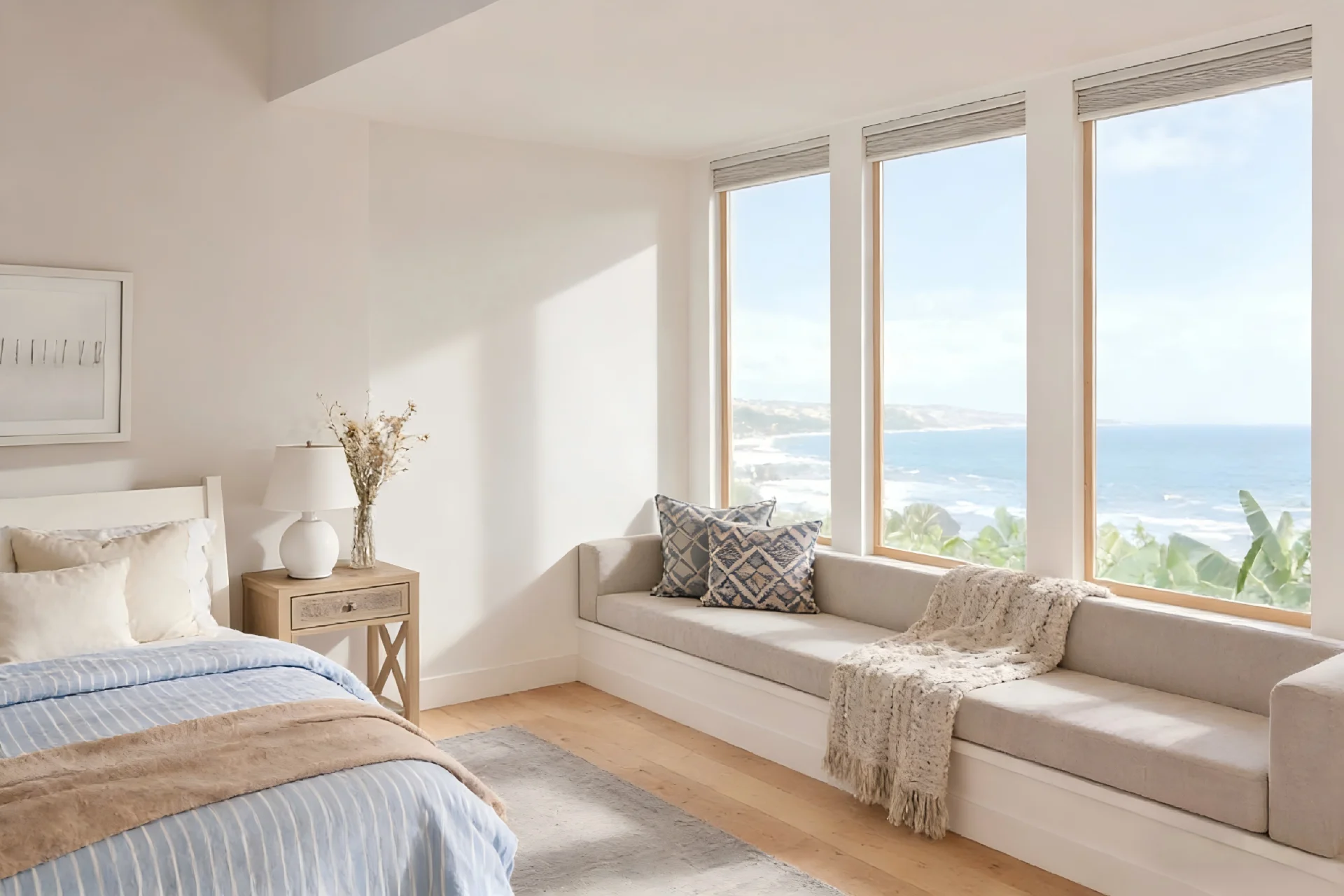A bright coastal bedroom featuring a large window with ocean views, a cozy bed with striped bedding, and a stylish window seat with cushions.