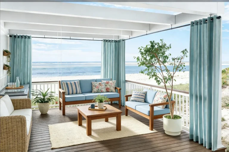 Outdoor patio featuring wooden furniture, blue curtains, and ocean view. Decor includes potted plants and cozy cushions.