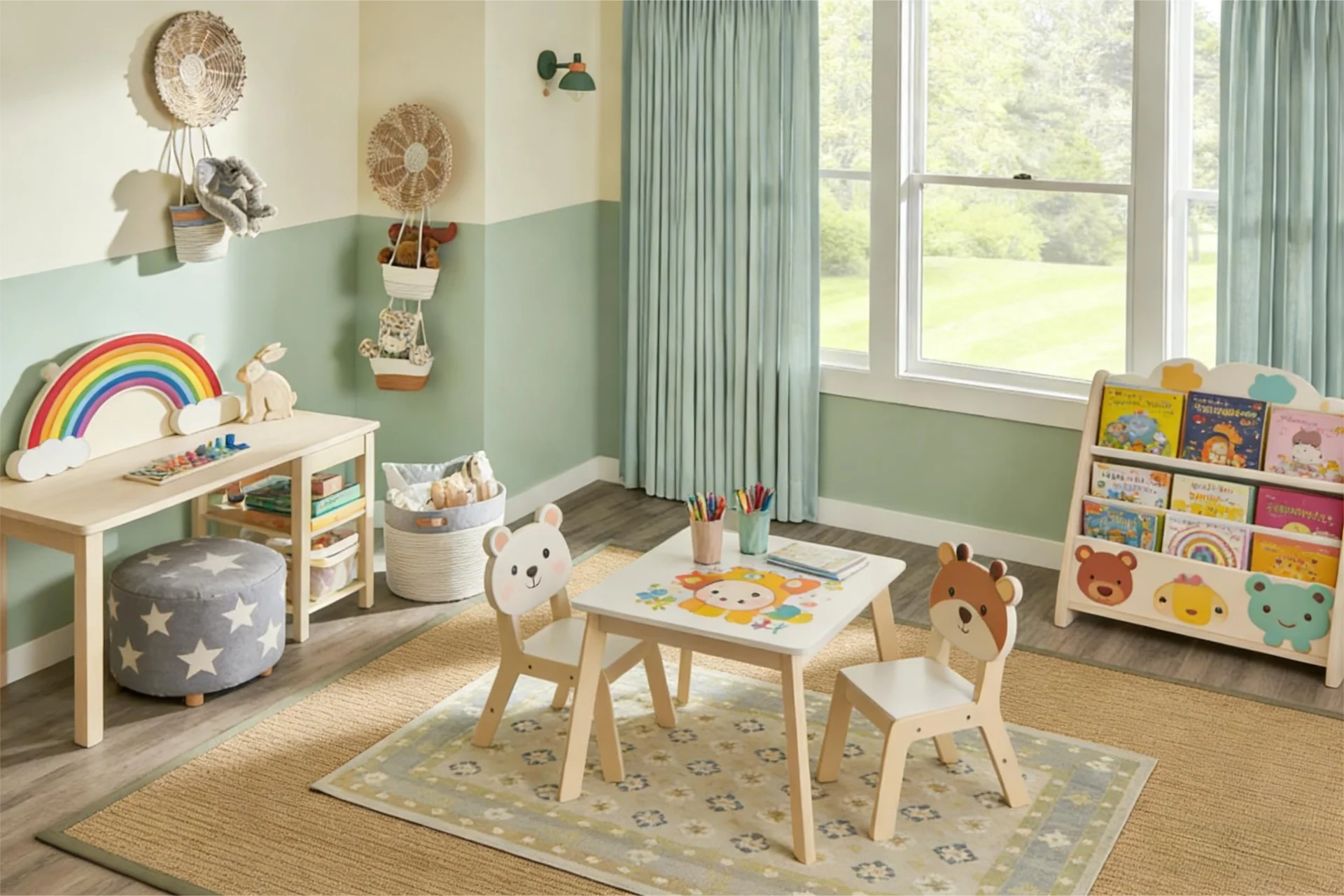 A brightly decorated playroom with animal-themed furniture, colorful rainbow decor, and children's books on a shelf in daylight.