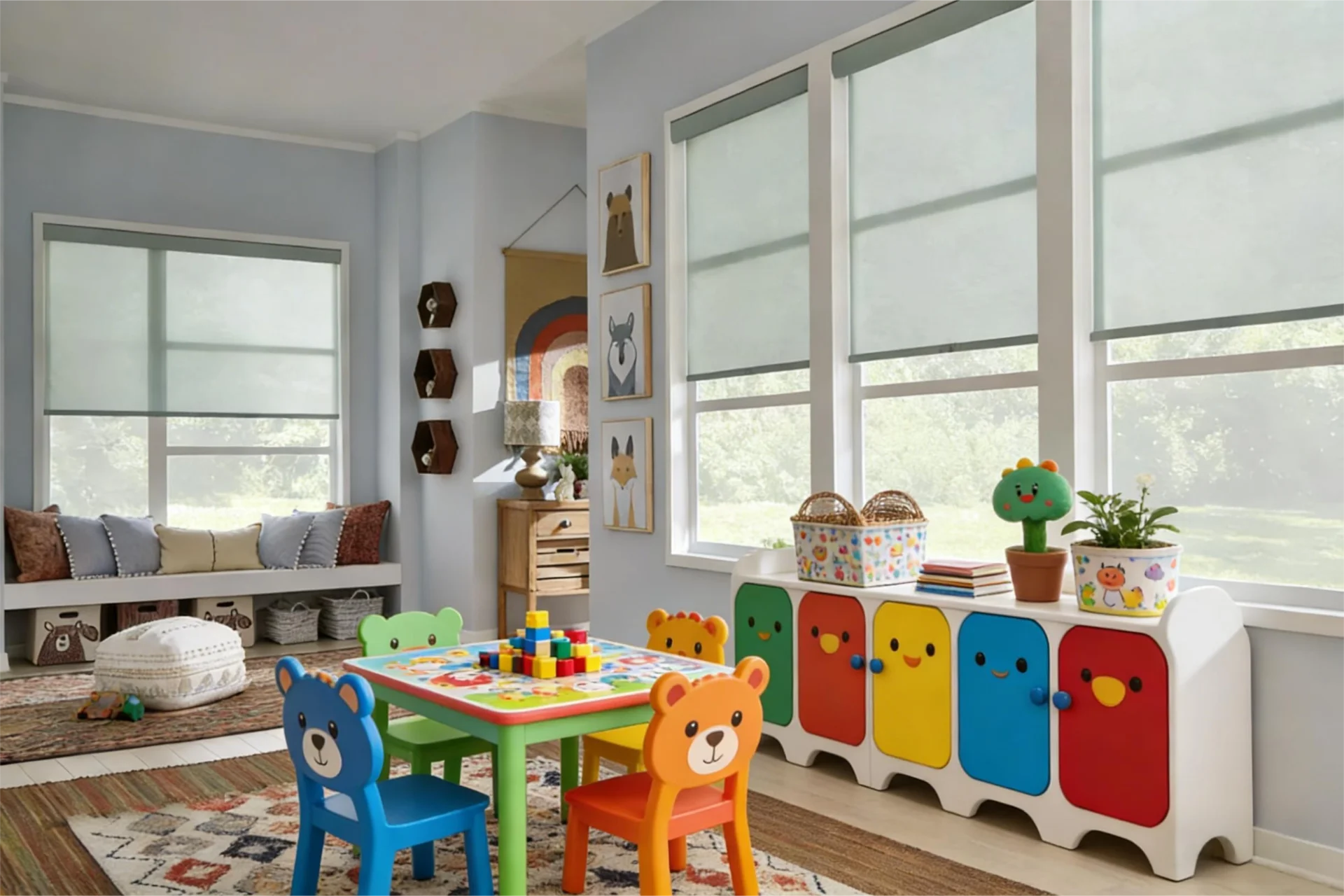 Bright playroom featuring bear-themed chairs around a table, colorful storage unit, large windows, and playful decor elements.