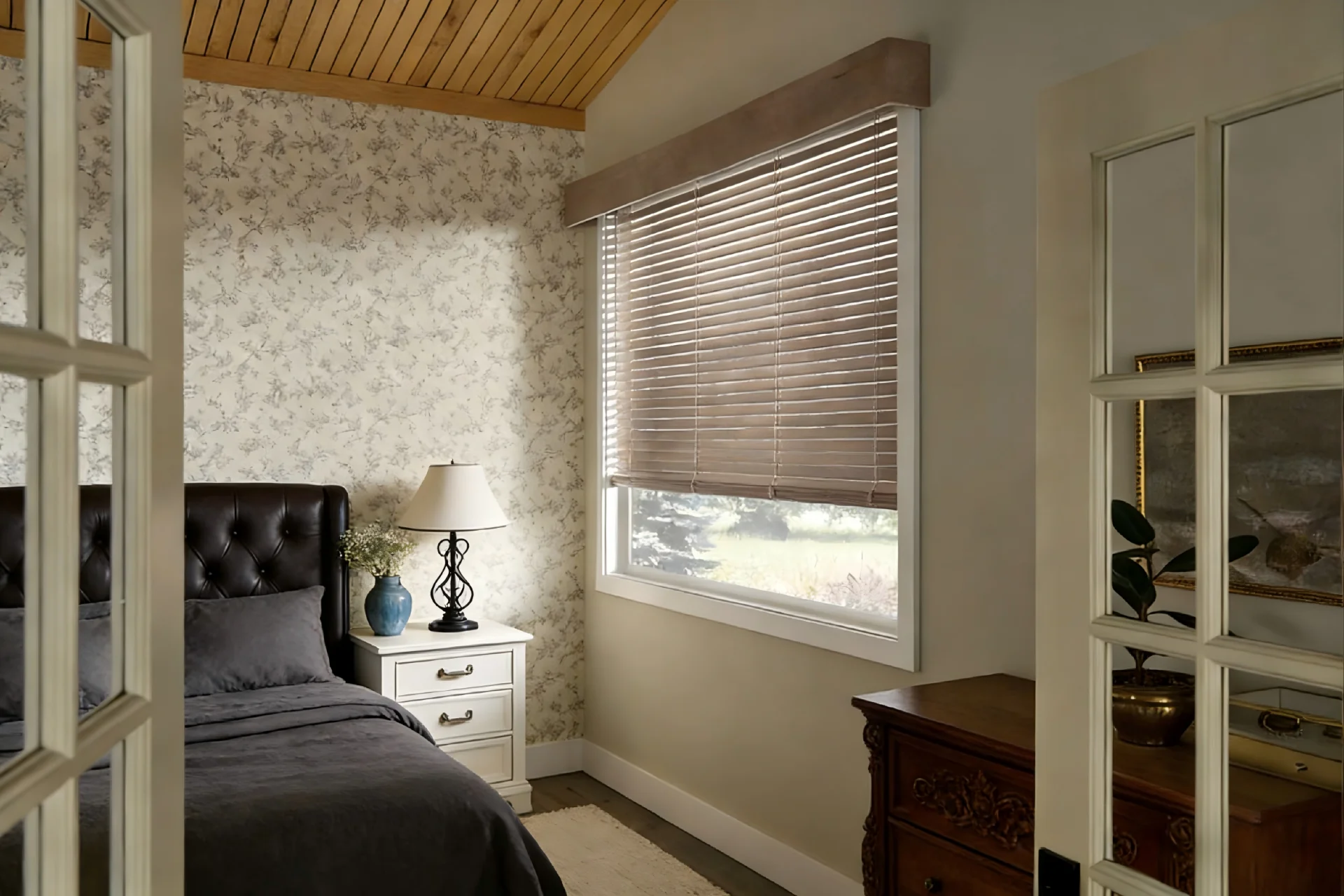 A cozy bedroom featuring a bed with dark upholstered headboard, a white nightstand with a lamp, floral wallpaper, and wooden blinds partially open revealing natural light.