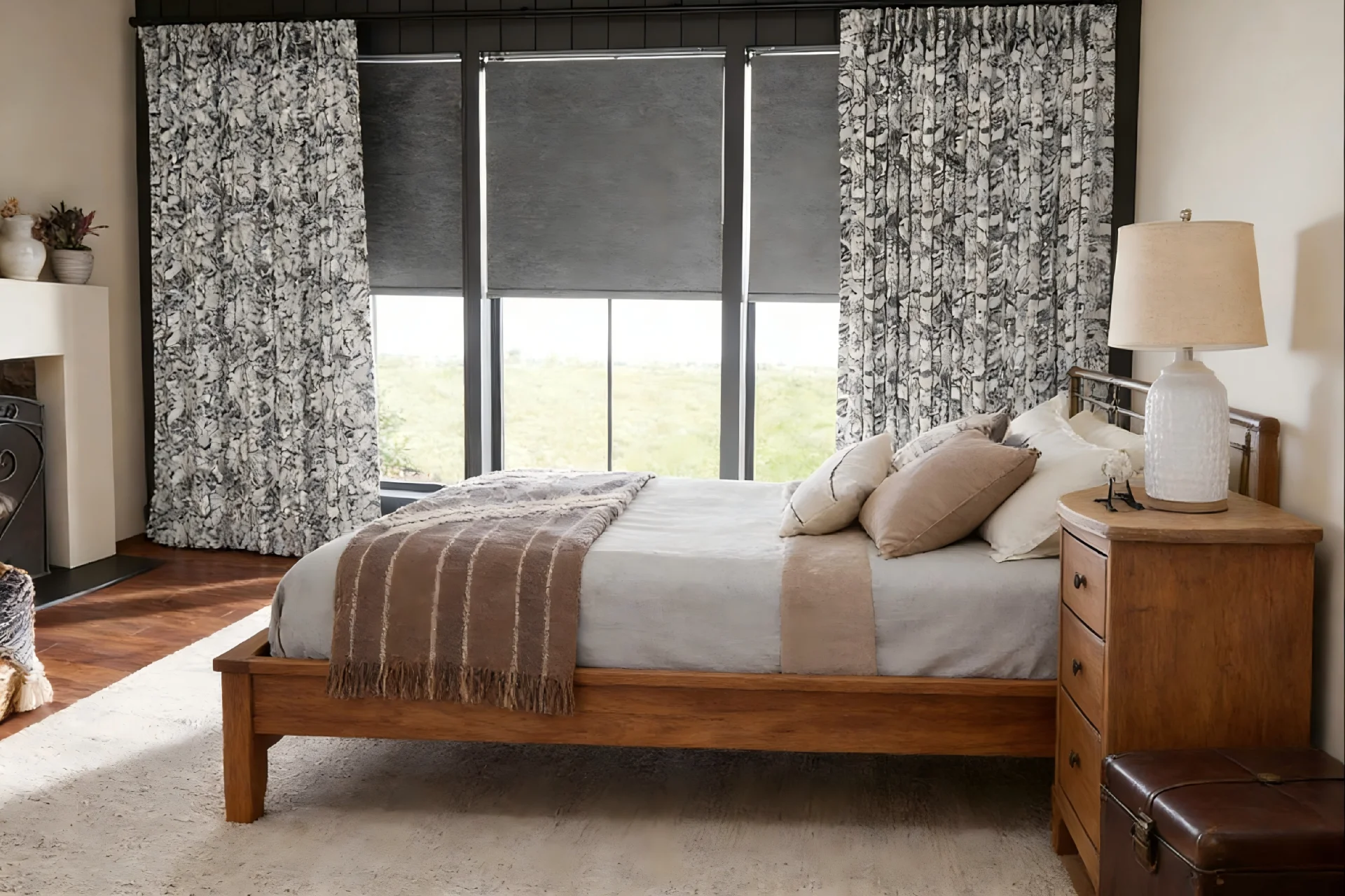 Comfortable bedroom featuring wooden bed, patterned curtains, a lamp on a wooden nightstand, and ample natural light from large windows.