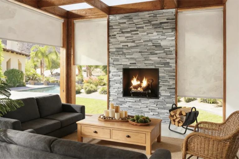 Covered outdoor patio with stone fireplace, gray sofas, wooden table with candles, wicker chair, and view of a garden pool.