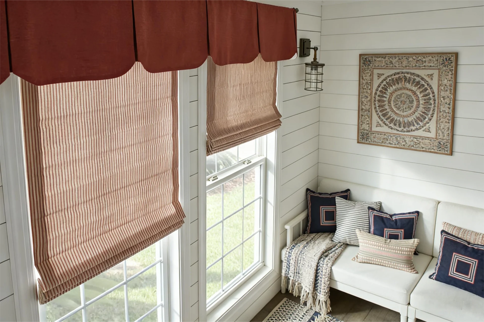 Sunroom with Roman shades, a white bench with patterned cushions and throws, and wall art on shiplap walls.