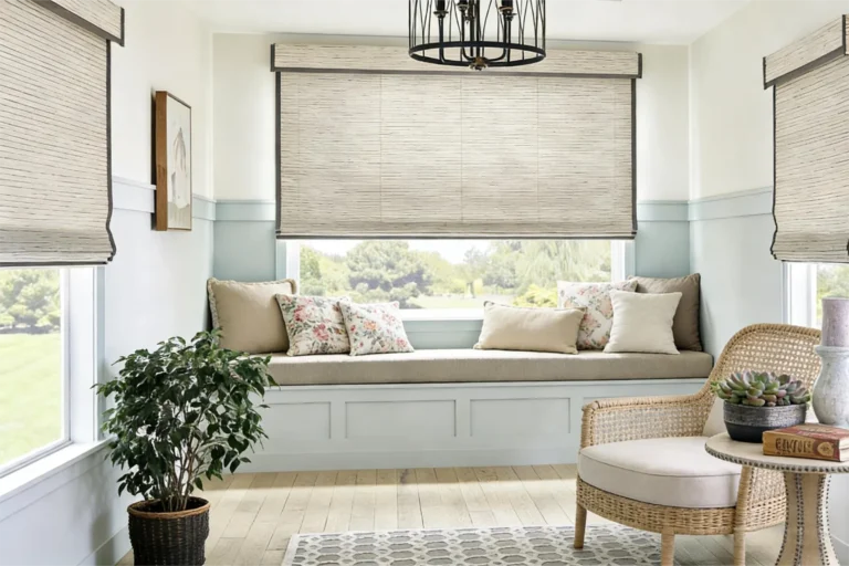 A cozy room featuring a window seat adorned with floral cushions and beige pillows, wicker chair, side table, and woven blinds.
