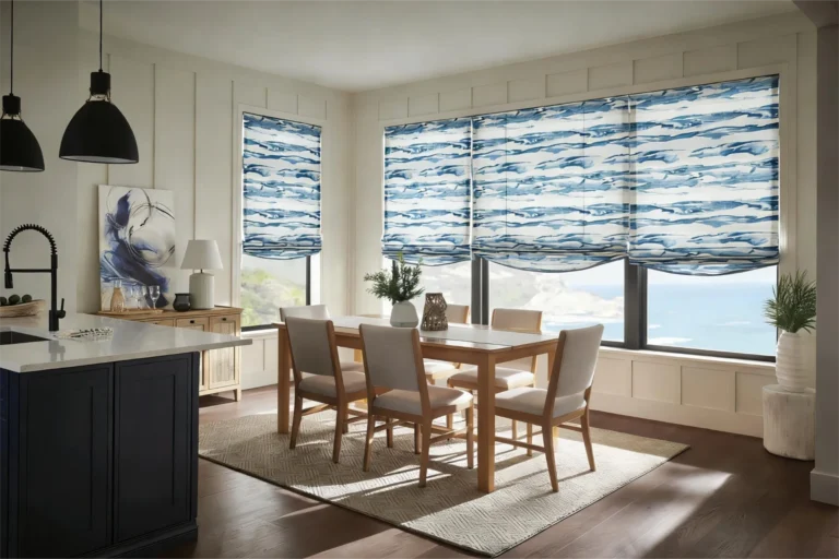Dining area with wooden table and chairs, ocean-patterned blinds, blue and white artwork, pendant lights, and coastal view.