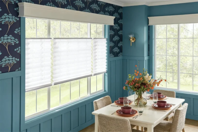 Dining room with blue decor, floral wallpaper, white blinds, and a set table with red dishes and a vase of flowers.