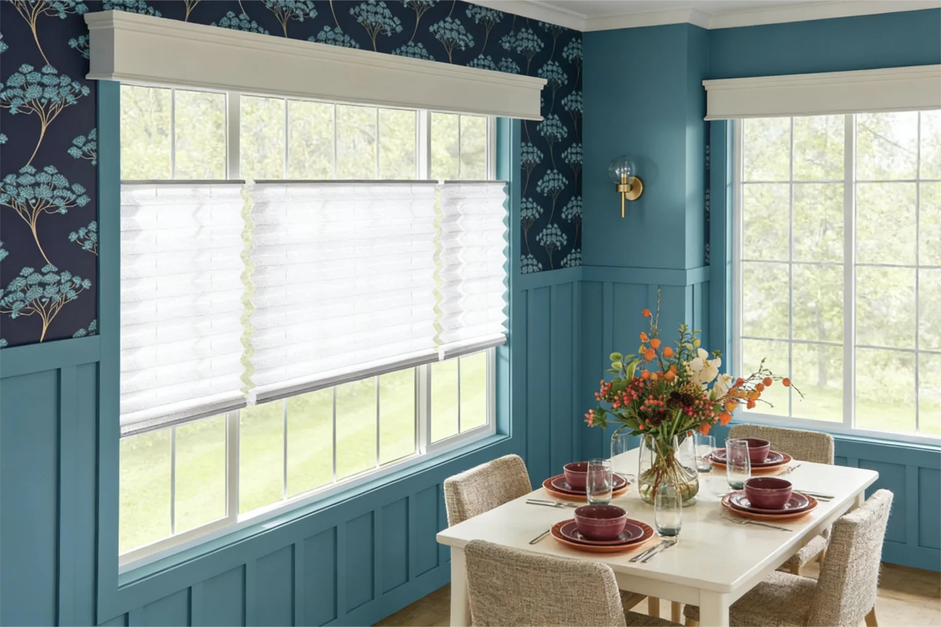 Dining room with blue decor, floral wallpaper, white blinds, and a set table with red dishes and a vase of flowers.
