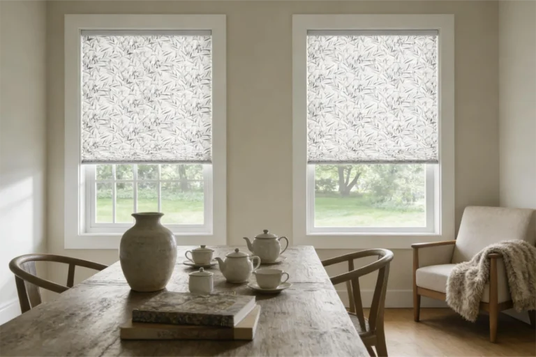 Cozy dining room showing a wooden table with tea set and books, surrounded by chairs and an armchair, with two windows showcasing patterned blinds.