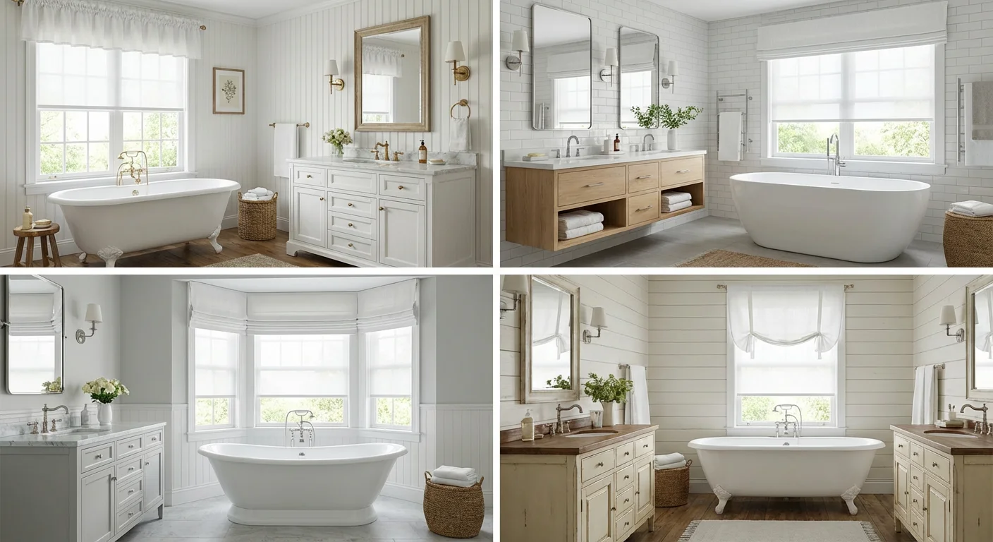 Collage of elegant bathroom designs featuring white and wooden vanities, modern standalone tubs, large windows, and stylish decor.