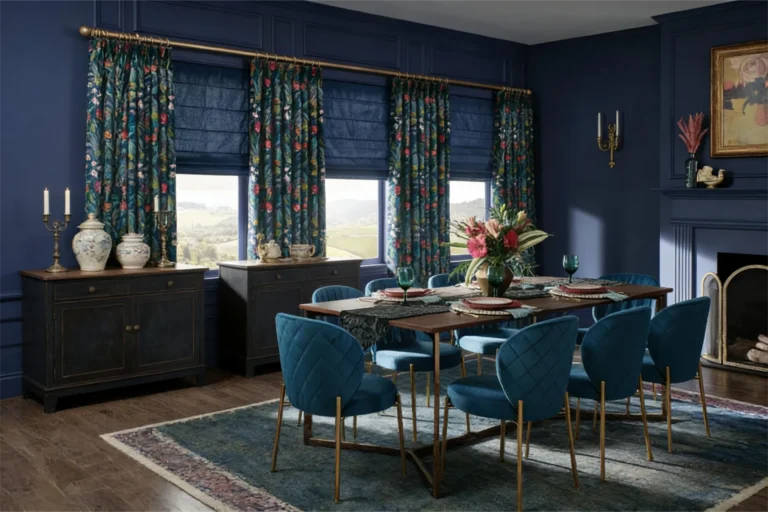 Dining room with blue walls, patterned curtains, and a set table. Features blue upholstered chairs and ornate decor elements.