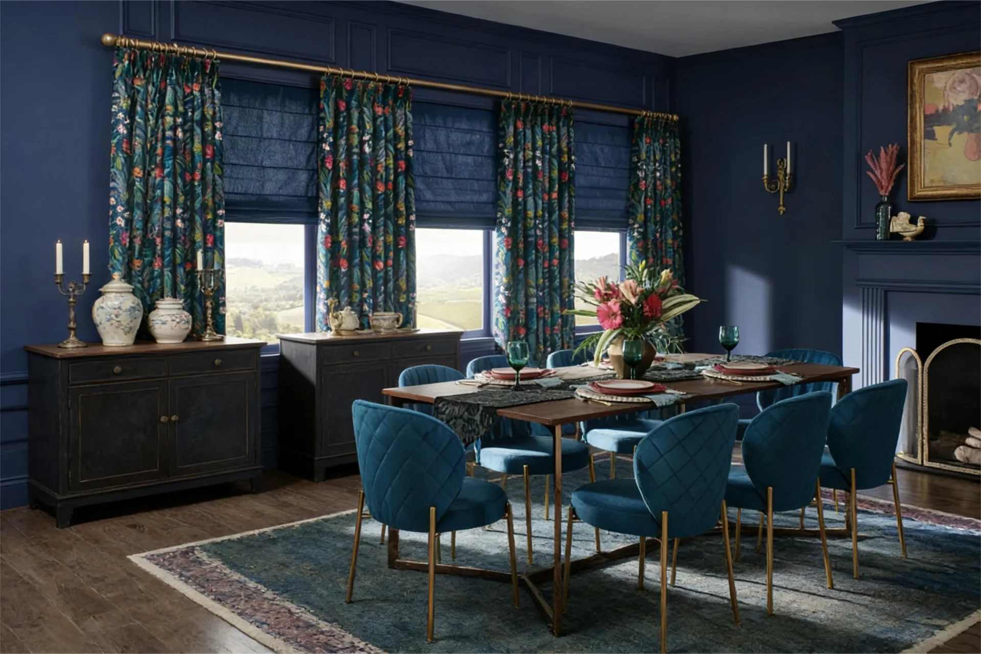 Dining room with blue walls, patterned curtains, and a set table. Features blue upholstered chairs and ornate decor elements.