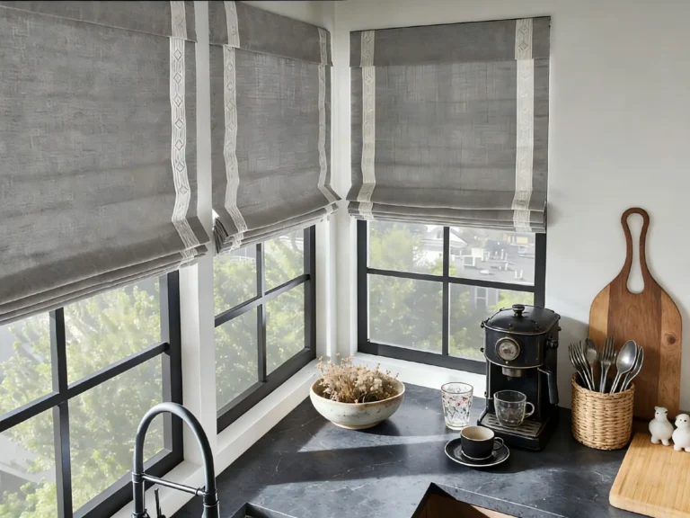 Modern kitchen corner with gray Roman blinds on windows, a coffee maker, cups, utensils in a basket, and decorative items.