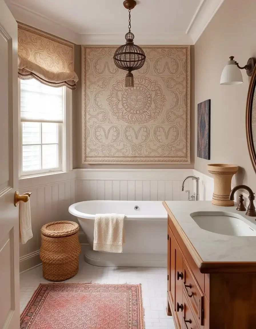 Luxury bathroom with freestanding tub, ornate wall tapestry, wooden vanity, and large window. Woven basket and Persian rug add charm.