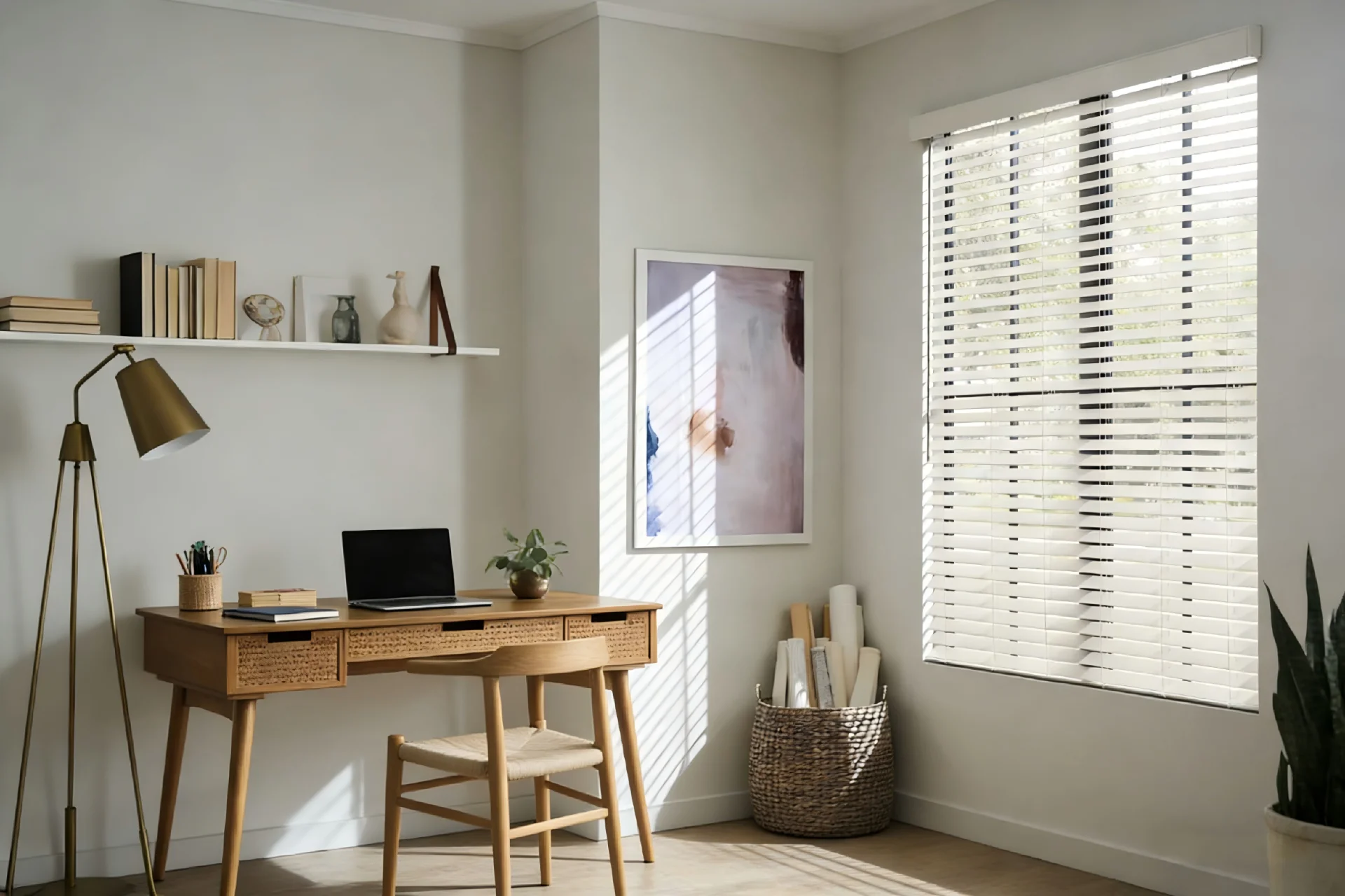A minimalist home office setup featuring a wooden desk with a laptop, chair, and decorative items. Sunlight filters through window blinds.