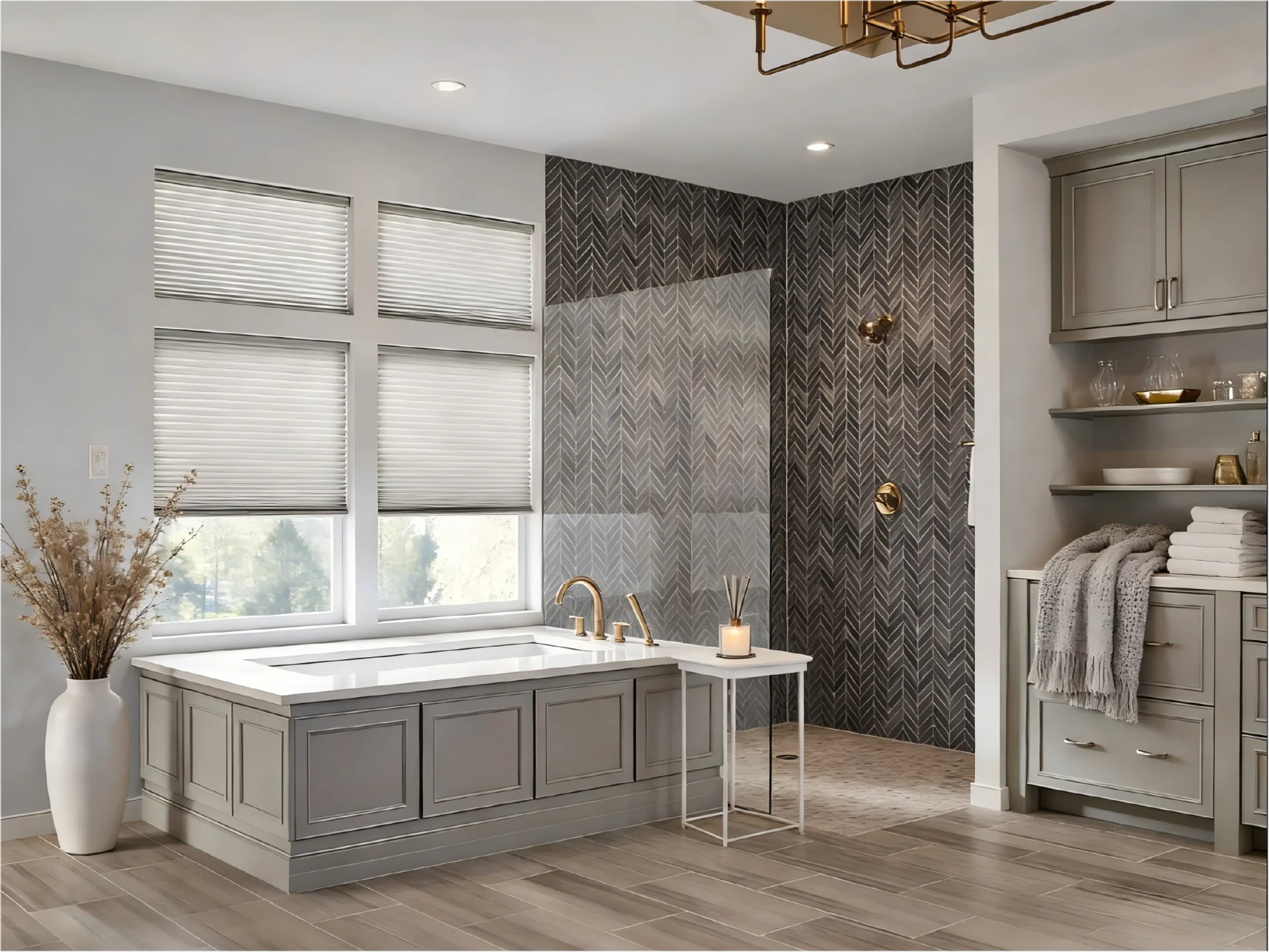 Stylish bathroom with gray cabinetry, a freestanding bathtub, chevron-patterned shower wall, and soft lighting.