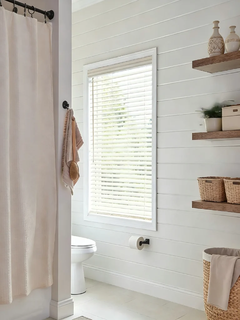 Bright, modern bathroom featuring white walls, wood accents, a shower curtain, a toilet, and natural light from a window with blinds.