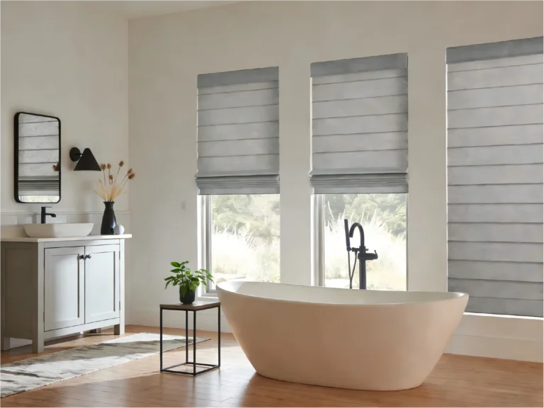 Modern bathroom featuring a freestanding bathtub, white vanity with mirror, and large windows with blinds.