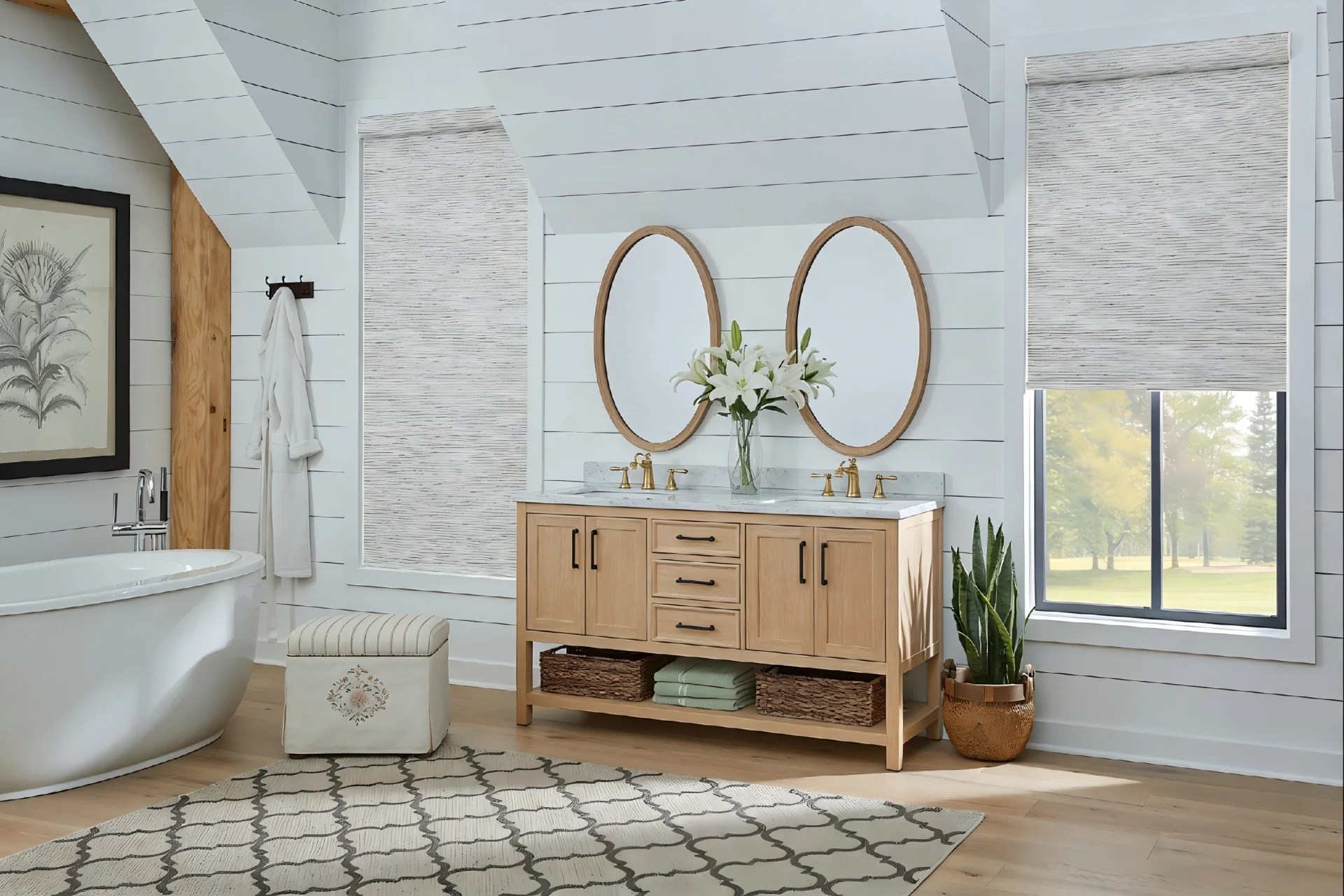 Stylish bathroom featuring a freestanding bathtub, double vanity with oval mirrors, wooden cabinetry, and decorative plants.