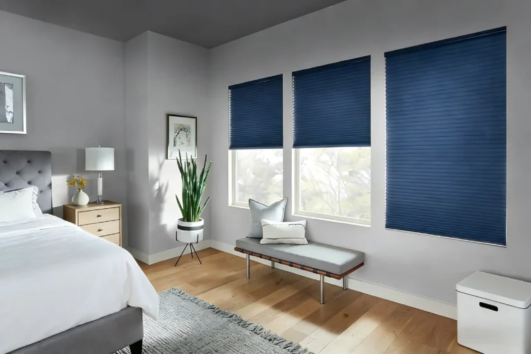 Modern bedroom featuring blue blinds on windows, a cozy bed with white bedding, stylish furniture including a bench and side table, and decorative plants and artwork.