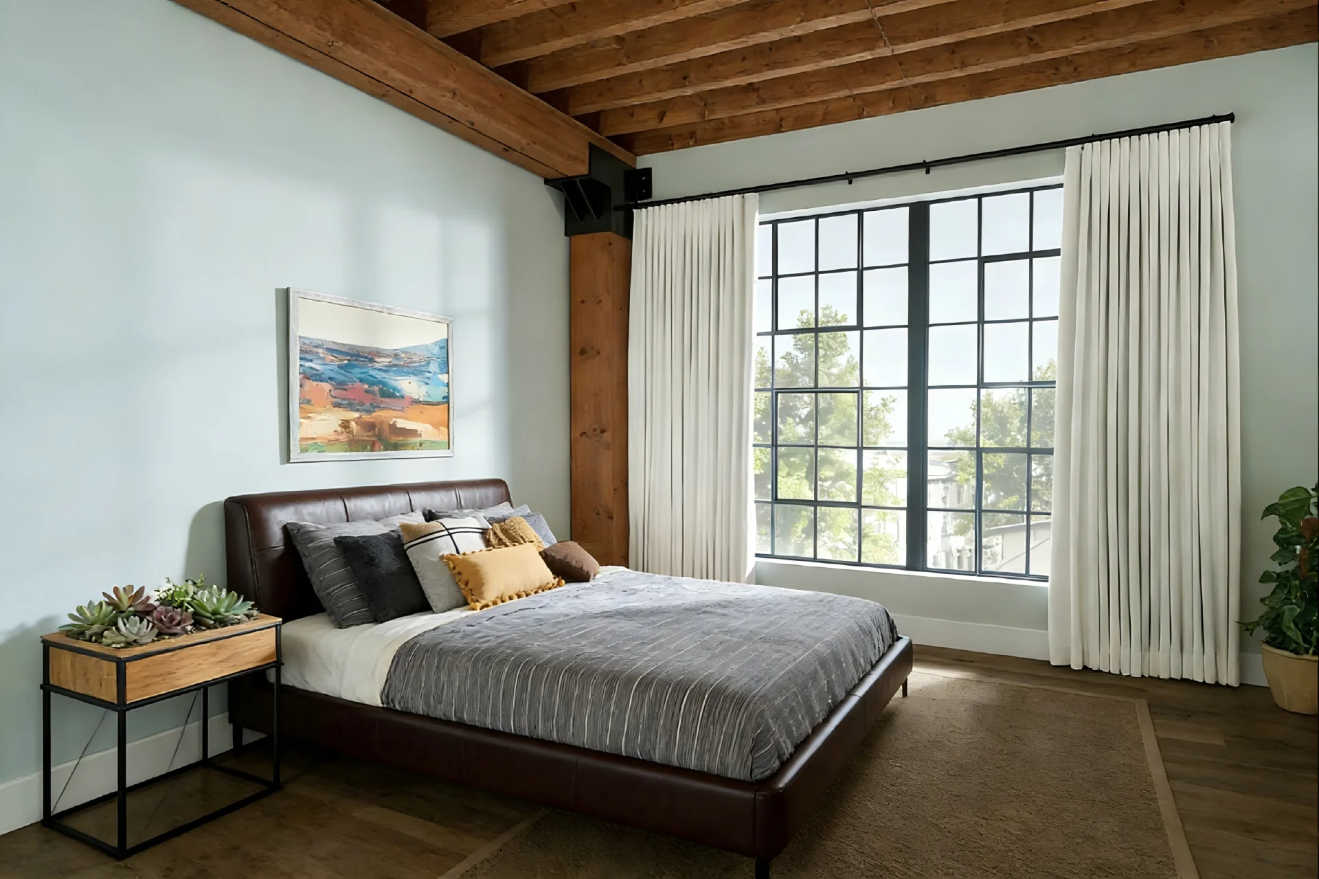 Contemporary bedroom featuring large windows, a leather bed, gray bedding, and a side table with plants. Artwork on the wall.