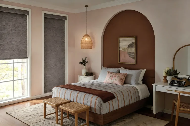 Modern bedroom with brown and pink accents, featuring a bed with striped bedding, woven pendant light, decorative artwork, vintage typewriter, and rattan stools.