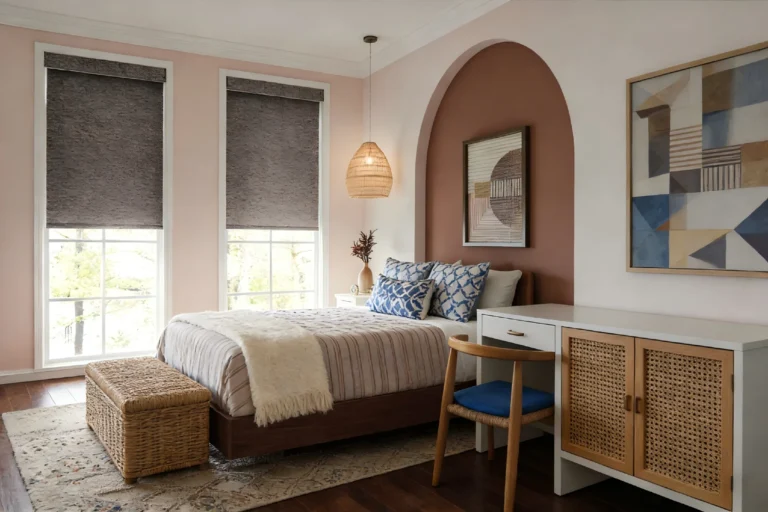 Brightly lit modern bedroom featuring a bed with patterned pillows, a woven pendant light, abstract wall art, and natural light filtering through windows.