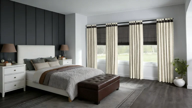 Stylish bedroom featuring a black accent wall, beige curtains, a white bed with gray bedding, and leather ottoman.