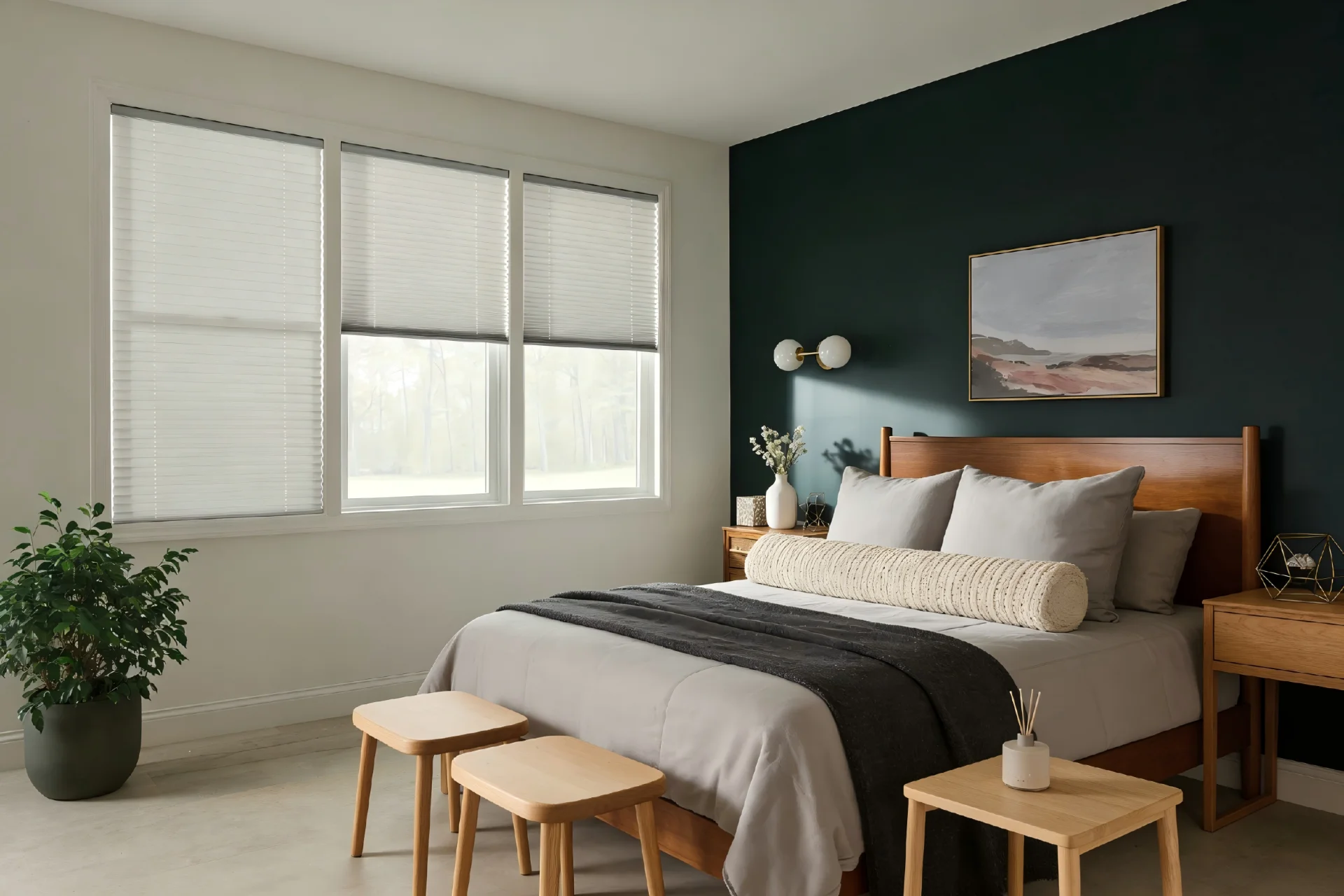 Stylish bedroom featuring a wooden bed, green accent wall, bedside tables, large window with blinds, and contemporary decor.