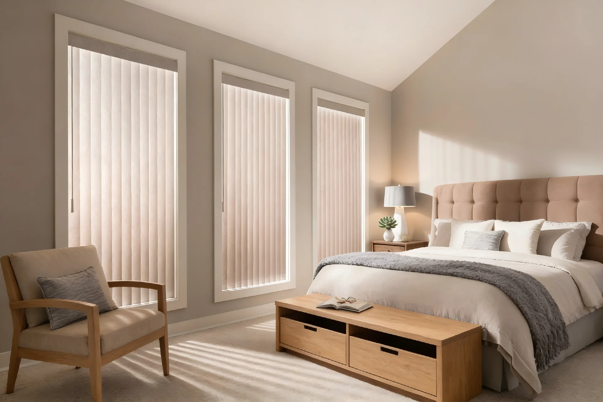 Contemporary bedroom featuring vertical blinds on windows, a cushioned bed, wooden nightstand and chair, with soft lighting.