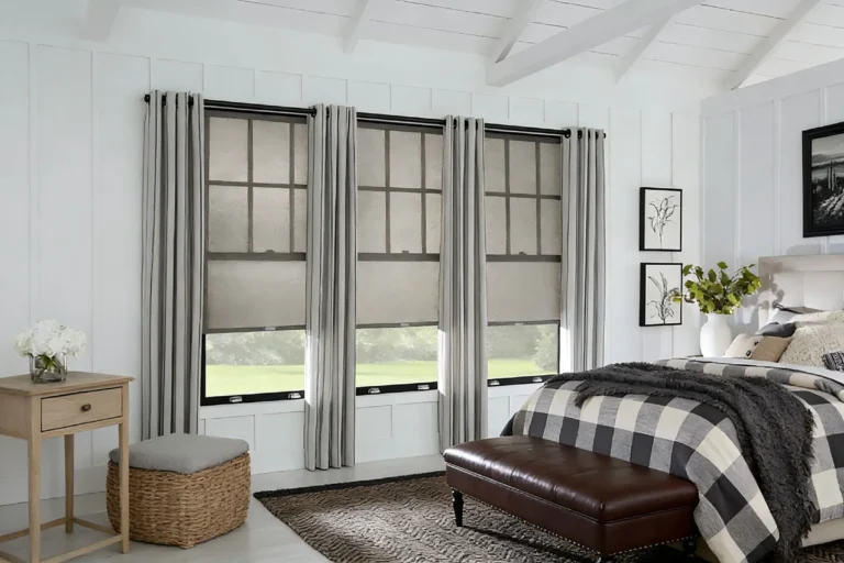 Bright bedroom featuring large windows with striped curtains and roller shades, a checkered bedspread, and a cozy ottoman.