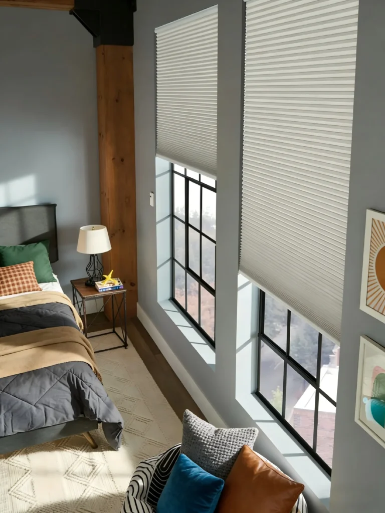 Contemporary bedroom interior with cellular blinds covering large windows, gray walls, and decorative pillows on a cozy bed.
