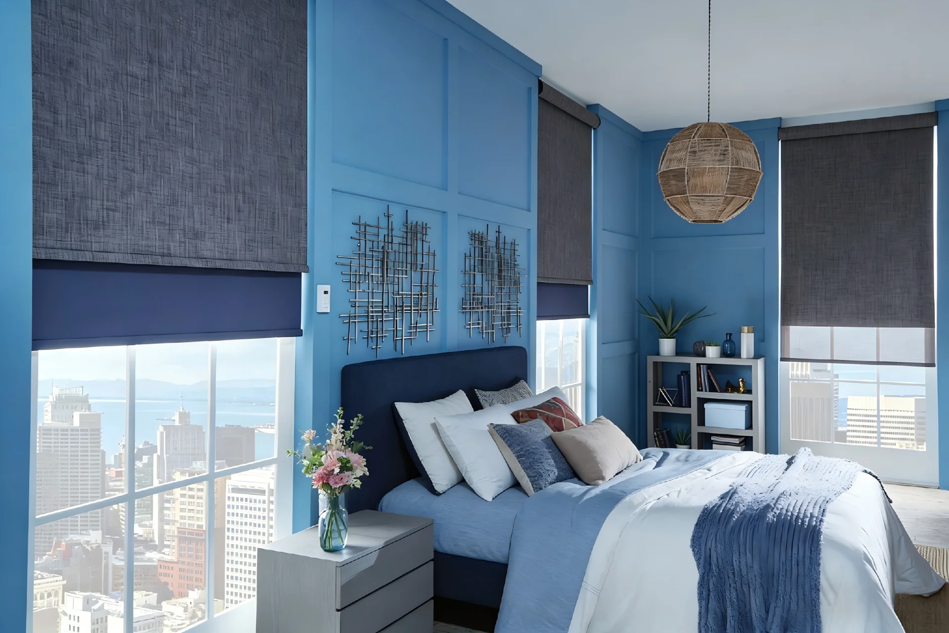 Stylish bedroom with blue walls, city view, grey blinds, decorative pillows, and a wooden spherical light fixture.
