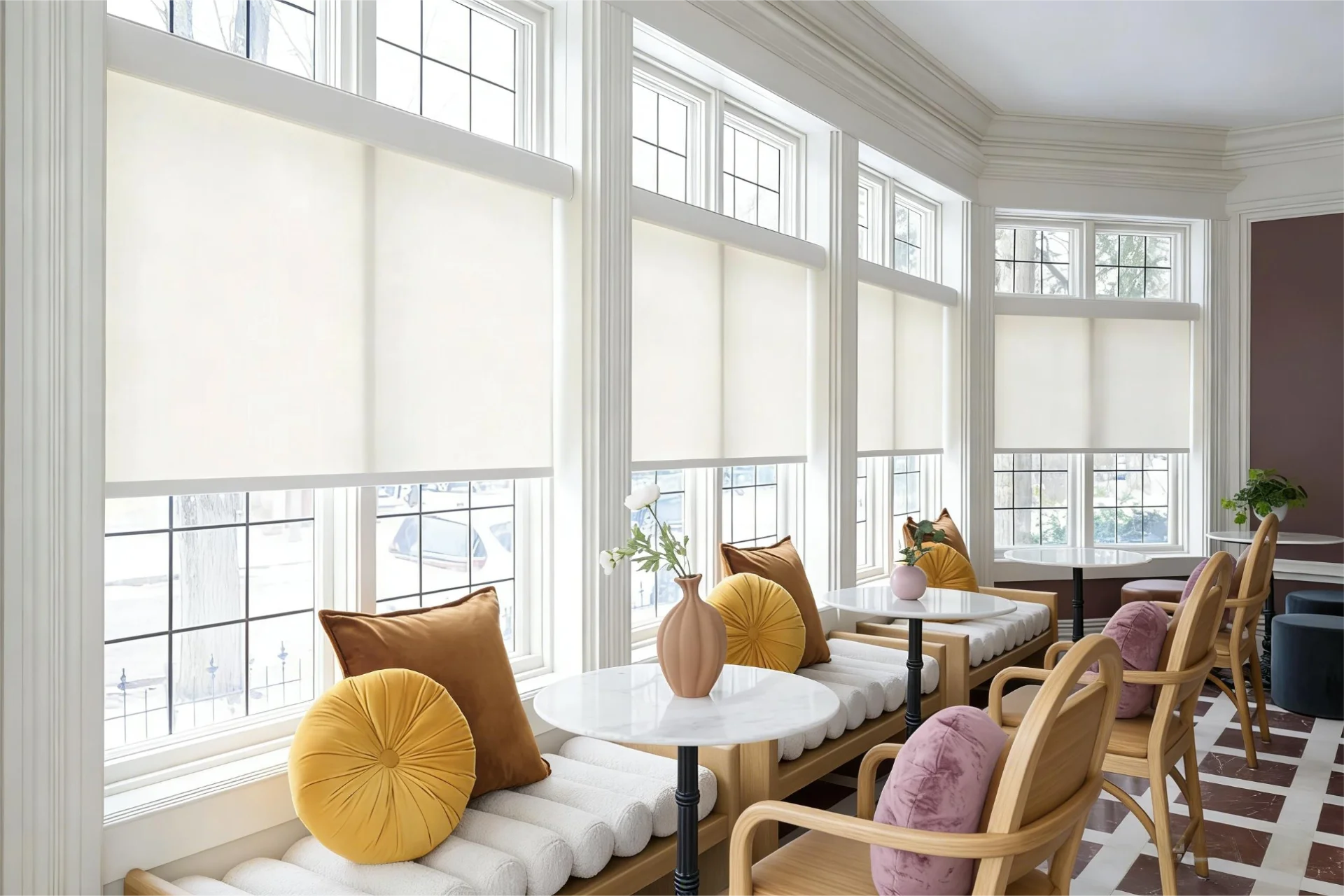 Bright coffee shop interior featuring large windows, roller blinds, and comfortable seating with cushions.