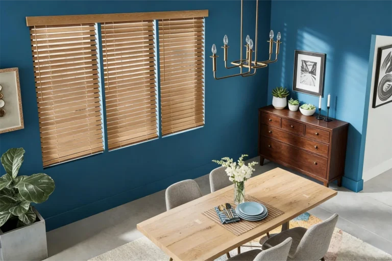 Dining room with blue walls, wooden blinds, chandelier, wooden table set, and dresser with plants and artwork.