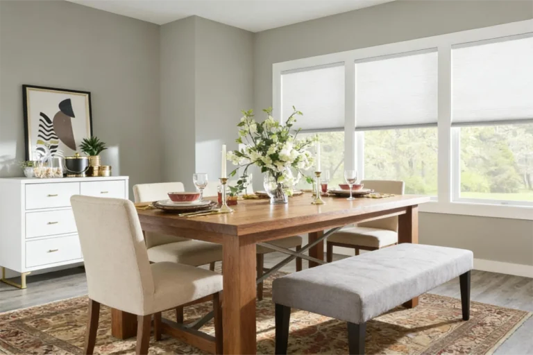 Stylish dining room with wooden table, beige chairs, floral centerpiece, and large windows.