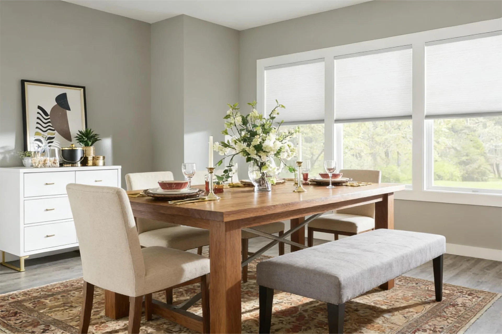 Stylish dining room with wooden table, beige chairs, floral centerpiece, and large windows.
