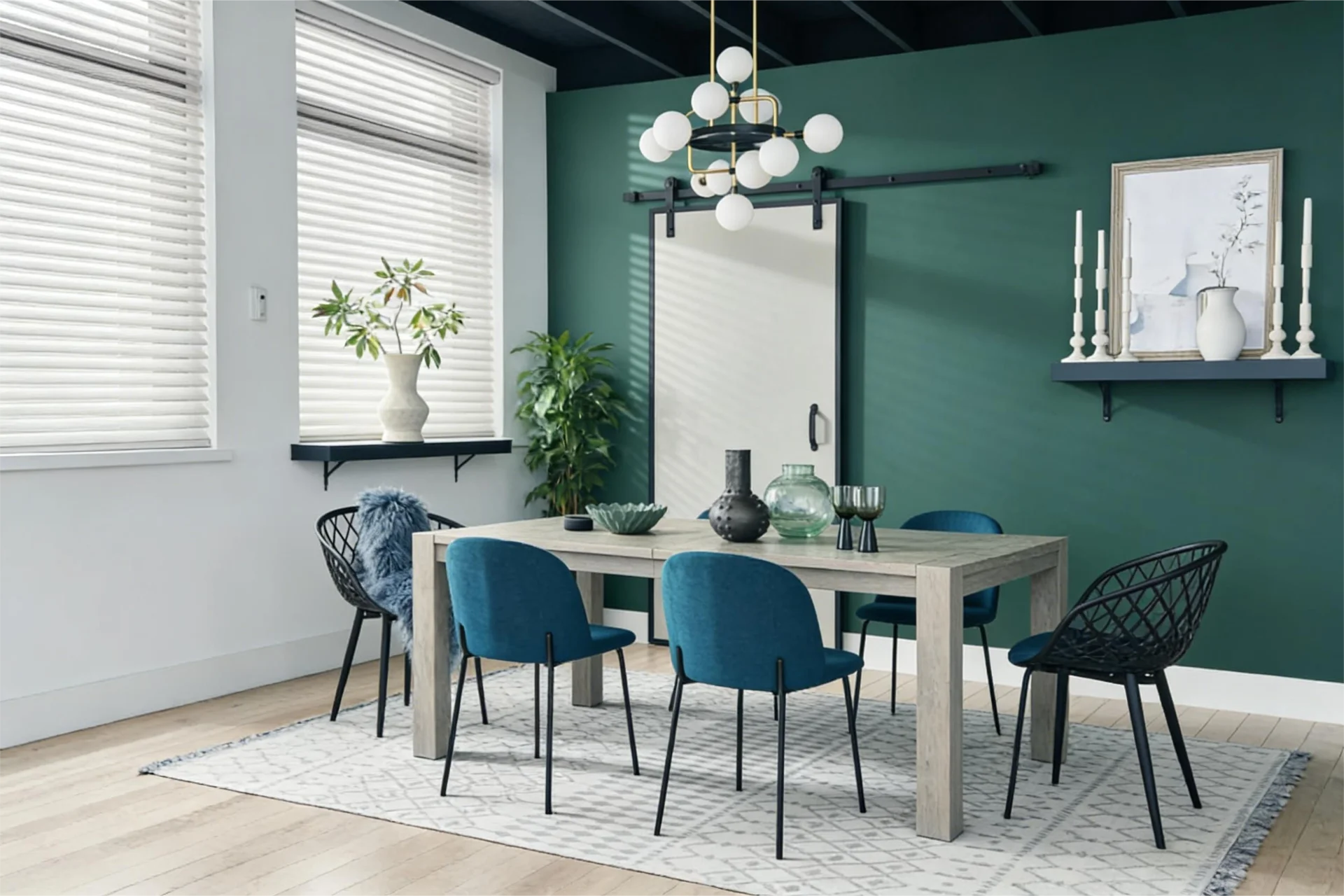 Modern dining room with teal chairs, wooden table, green accent wall, geometric chandelier, and decorative shelf items.