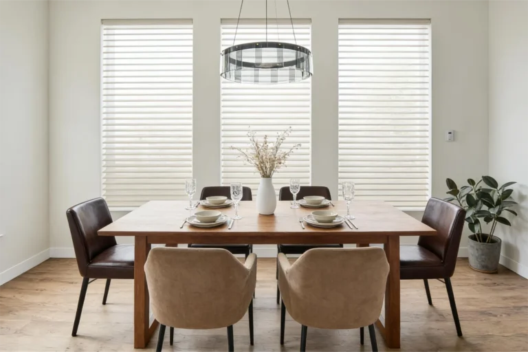 Stylish dining room featuring a wooden table with set plates and glassware, surrounded by brown and beige chairs. Large windows with blinds and a hanging light fixture complete the modern look.
