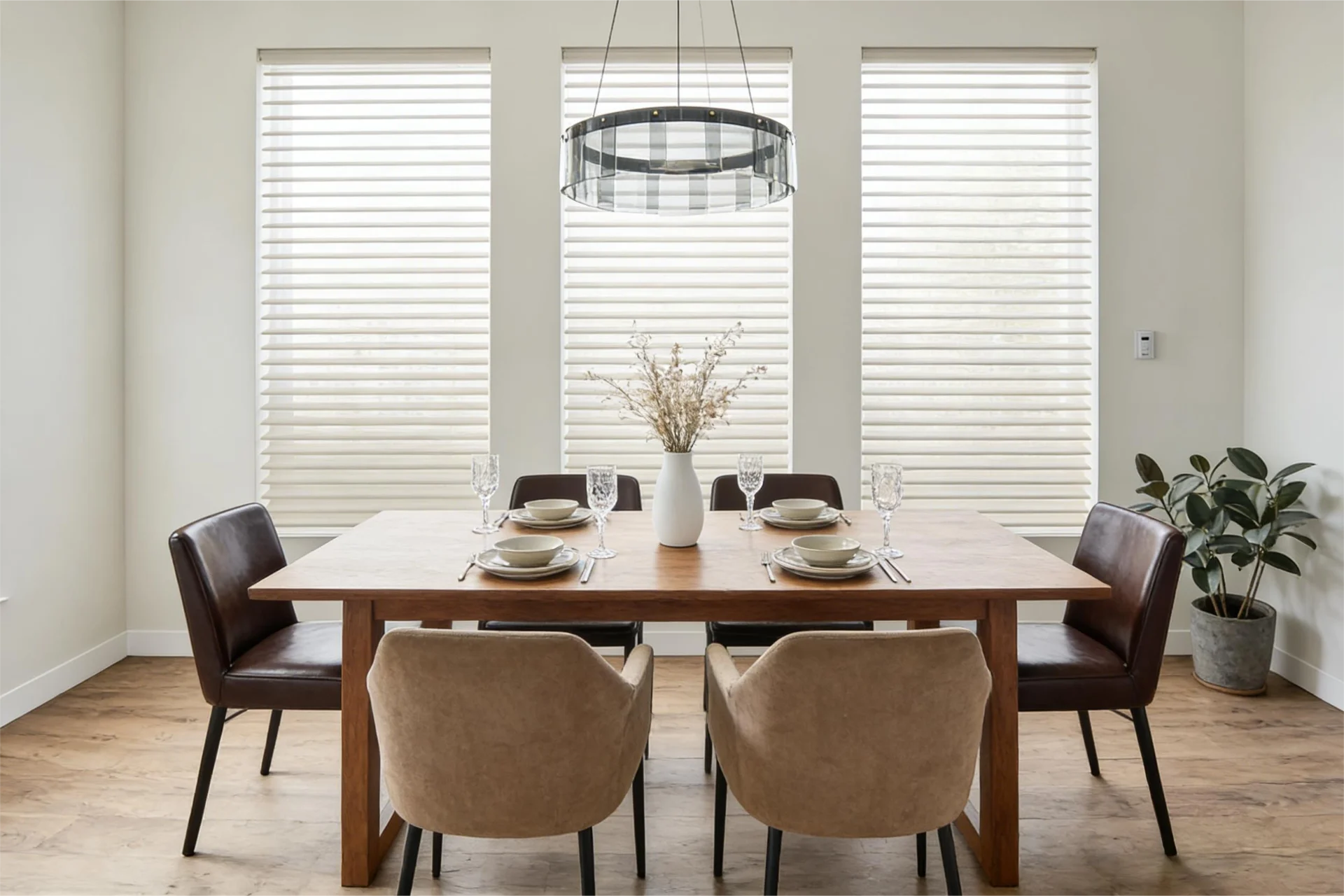 Stylish dining room featuring a wooden table with set plates and glassware, surrounded by brown and beige chairs. Large windows with blinds and a hanging light fixture complete the modern look.