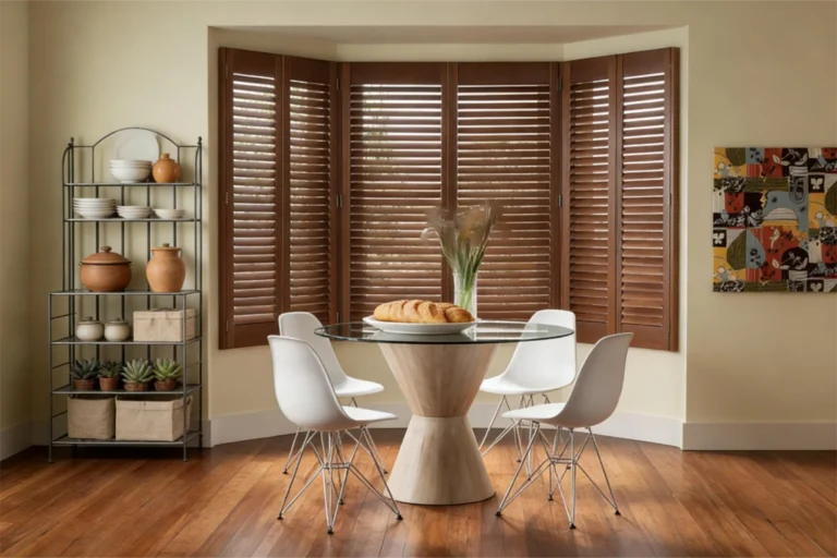 Dining room featuring a glass table with bread, white chairs, wooden floor, shelf with ceramics, and brown shutters.
