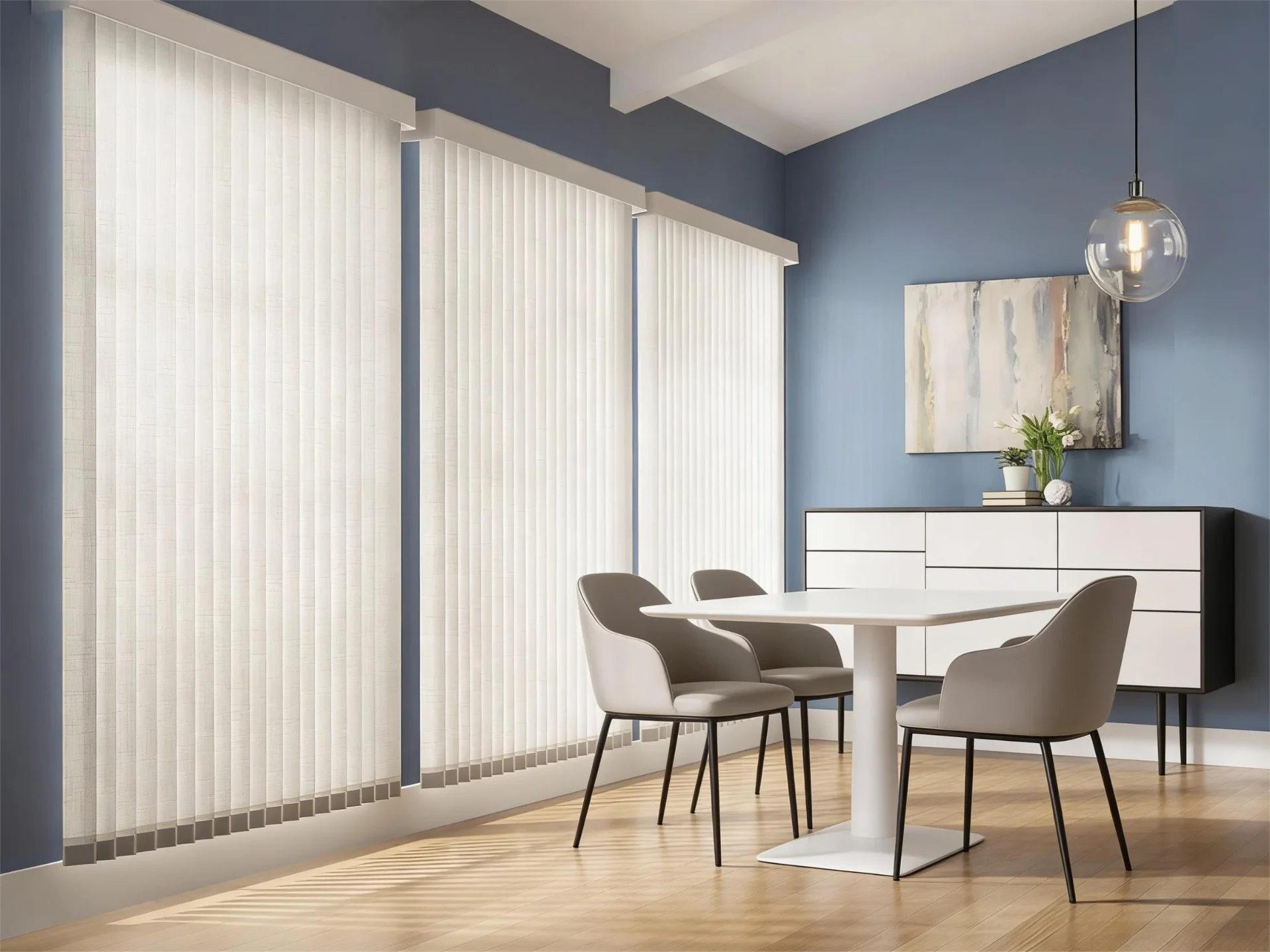 Modern dining room featuring white vertical blinds on large windows, sleek white table with gray chairs, and a blue accent wall.