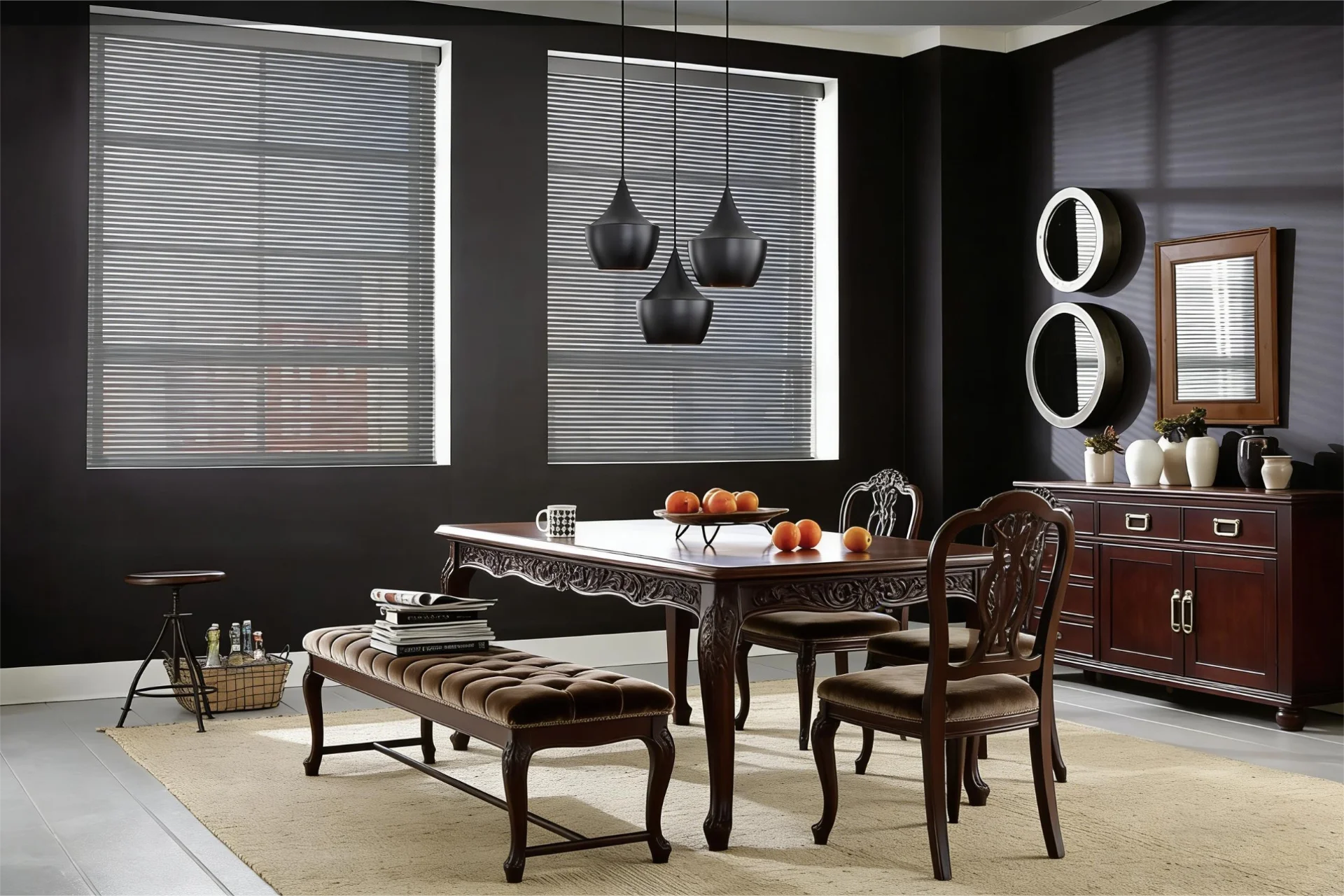 Sophisticated dining room with a wooden table, chairs, and bench. Modern pendant lights hang above. Dark walls and decorative mirrors accentuate the space.