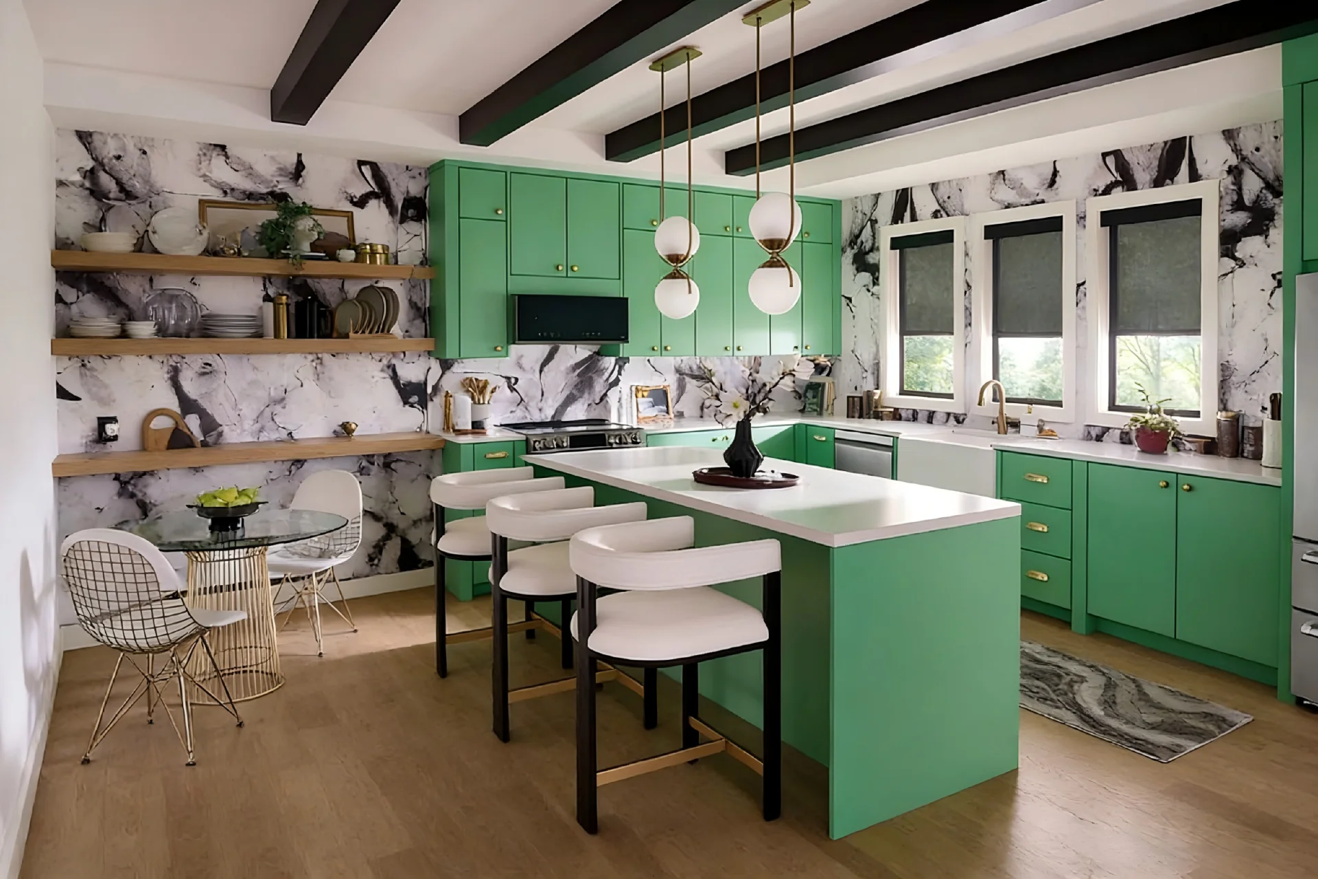 Contemporary kitchen featuring green cabinets, marbled backsplash, wooden shelves, pendant lights, and a central island with seating.