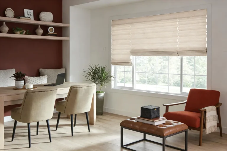 Modern home office featuring a wooden desk, beige chairs, and a large window with roman shades. Decor includes plants and shelves with pottery.